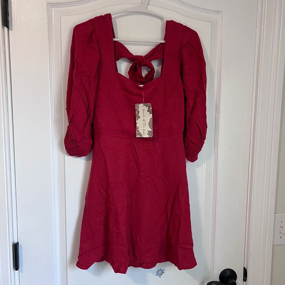 Band of the Free Aurora Red Chevron Jacquard Puff Sleeve Open Back Mini Dress XS